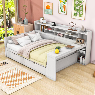Crompton Multifunctional Wooden Daybed With Shelves, Drawers, and Study Desk