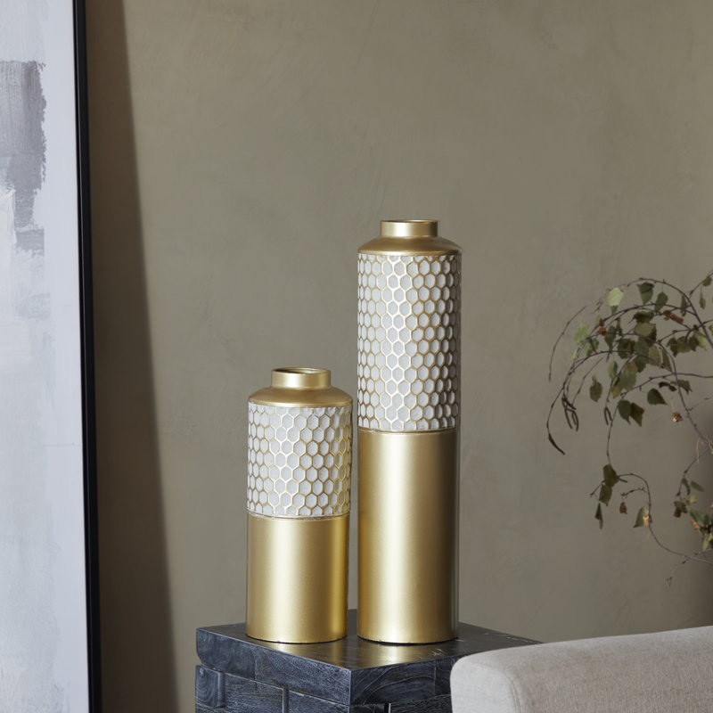 Metal Honeycomb Decorative Vase Set, Light Gray