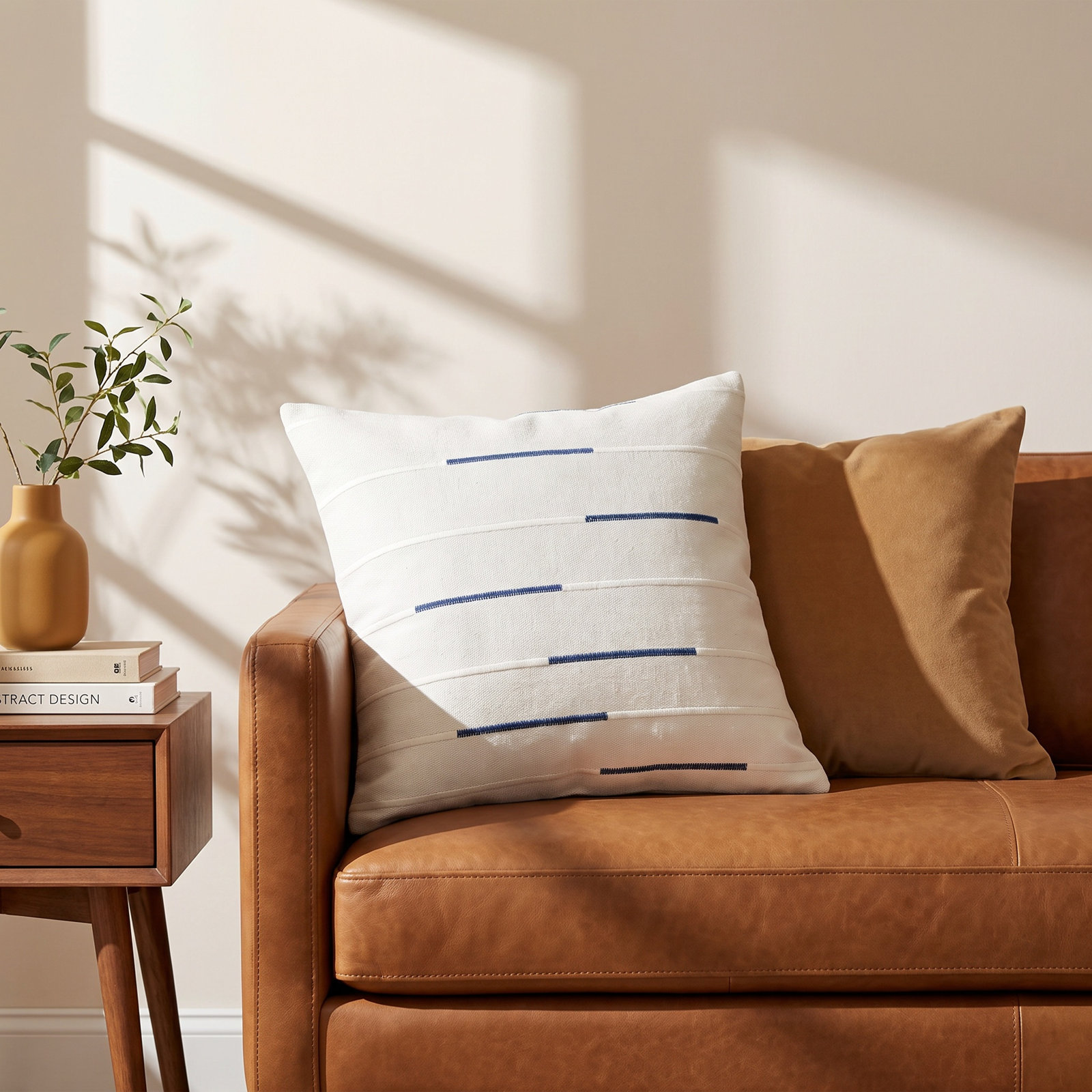 Oda 20" x 20" Embroidered Throw Pillow, Ivory/Dark Blue