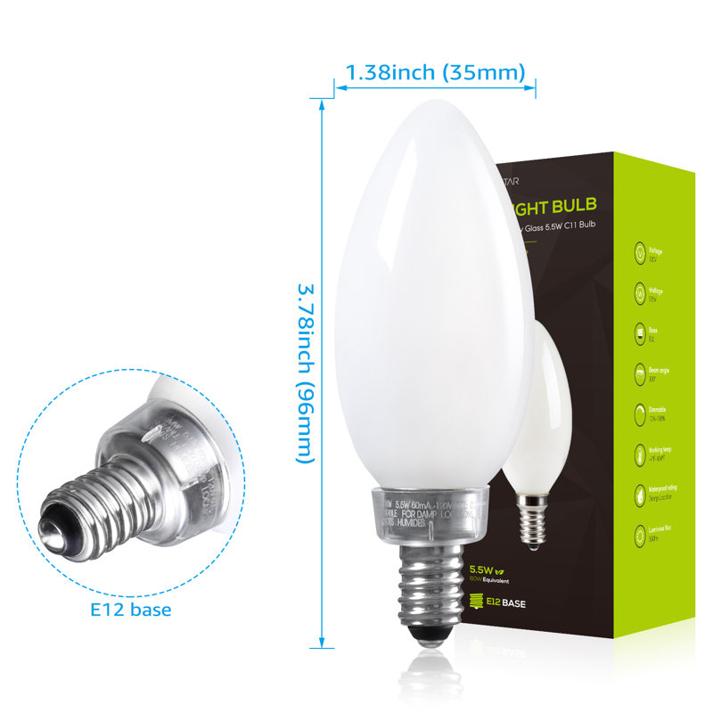 Ampoules DEL C11 5,5 W (équivalent 60 W), ampoule candélabre à intensité variable, ampoules pour ventilateur de plafond en verre dépoli, certifiées UL, blanc laiteux 4 000 K, culot E12
