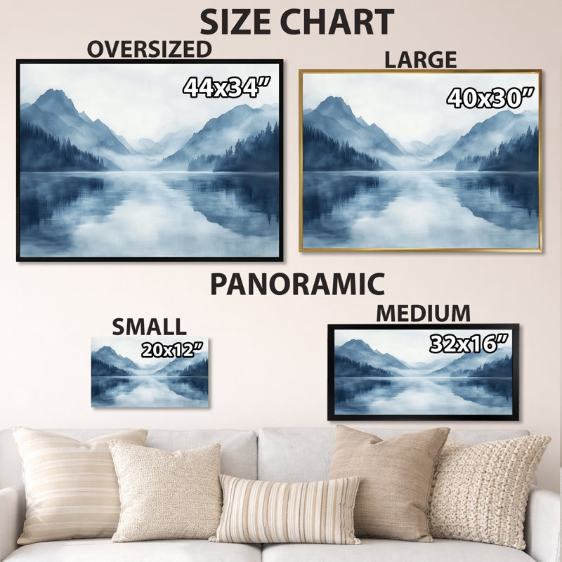 «Misty Morning Mountain Lake I», art mural paysage bleu, H 34 po x l 44 po, Cadre flottant brun