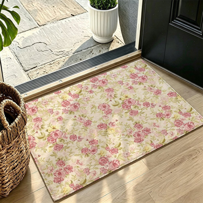 Cream Ivory Pink Ditsy Floral Vintage Cottage Accent Rug, 47" x 31"