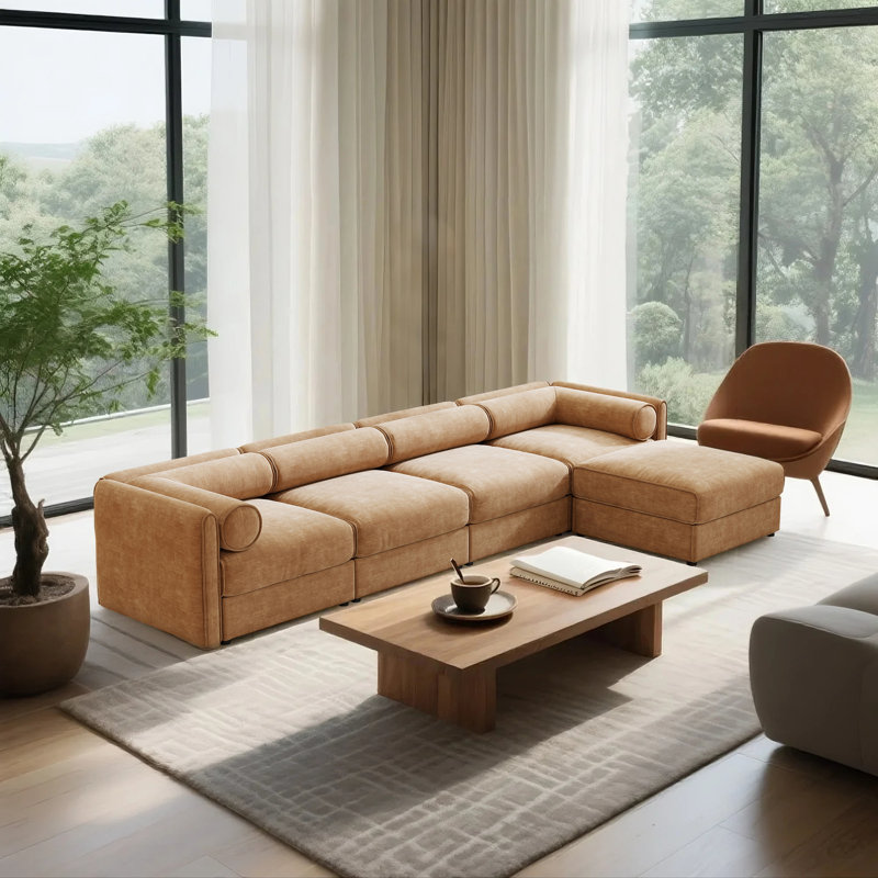 Canapé modulaire 4 places avec rangement et repose-pieds, Chenille chameau
