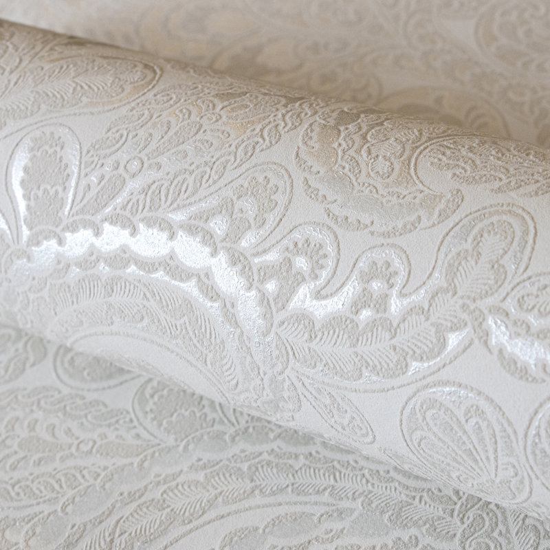 StrattfordAres 3D Embossed Metallic Damask 10m x 53cm Wallpaper Roll, Antique White
