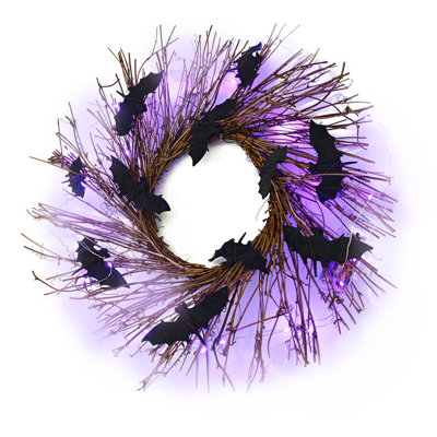 17.7 Inch Prelit Black Halloween Wreath With Bats 30 LED Purple Lights Halloween Front Door Decoration Spooky Glitter Wreath Battery Powered Halloween Decor Home Indoor Outdoor Party Wall