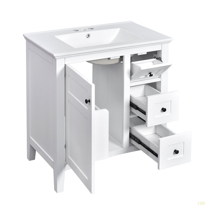 Meuble-lavabo moderne de 30 po avec lavabo en céramique, 3 tiroirs, meuble de rangement moderne en bois massif, idéal pour la maison