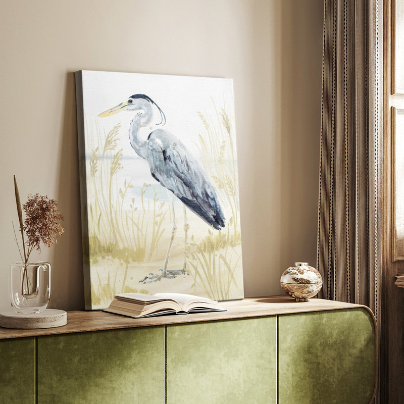 Héron sur la côte II - galerie sur mesure Cavas, H 48 po x l 32 po