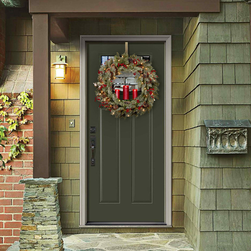 36In. Battery Operated Snowy Bristle Berry Wreath With Three Candle