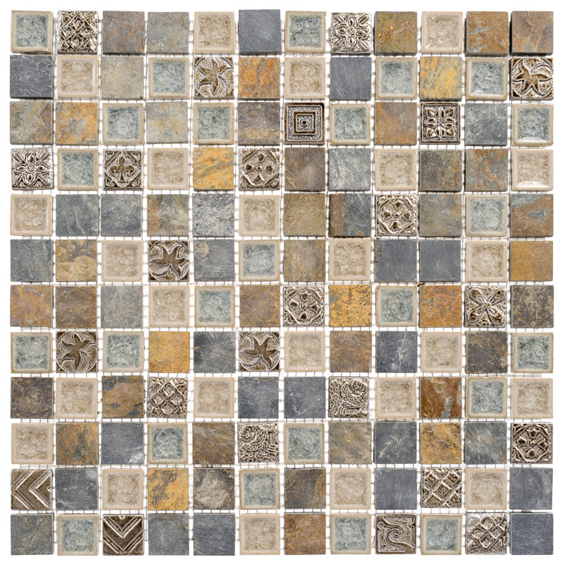 Exploration-Greece 1" Square Textured Glass and Marble Kitchen Backsplash, Bathroom, Shower, Wall and Floor Tile, Aegina