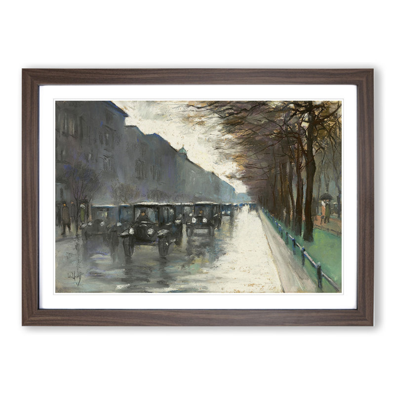 Cabs in the Rain by Lesser Ury - Picture Frame Painting, 36cm H x 48cm W x 2cm D, Walnut Framed