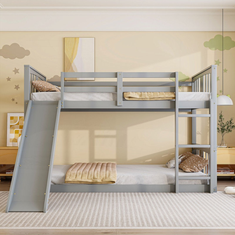 Lit superposé simple avec glissière et échelle, gris (aucun sommier requis, durable)