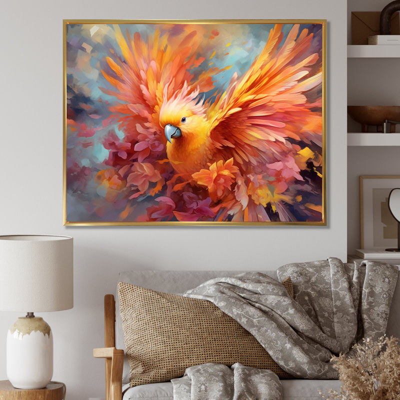 «Tropical Parrot I», art mural sur toile, H 16 po x l 32 po, Cadre flottant doré