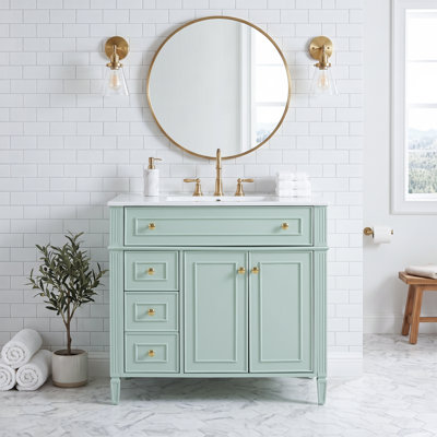 Ensemble de meuble-lavabo autoportant standard 36 po en bois massif et panneau de fibres à densité moyenne, vert, avec lavabo en céramique, 3 tiroirs, 2 portes à fermeture en douceur et tablette réglable, robinet non inclus
