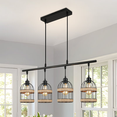 Lustre de ferme noir à 4 lumières avec cage en métal pour îlot de cuisine (ampoules incluses)