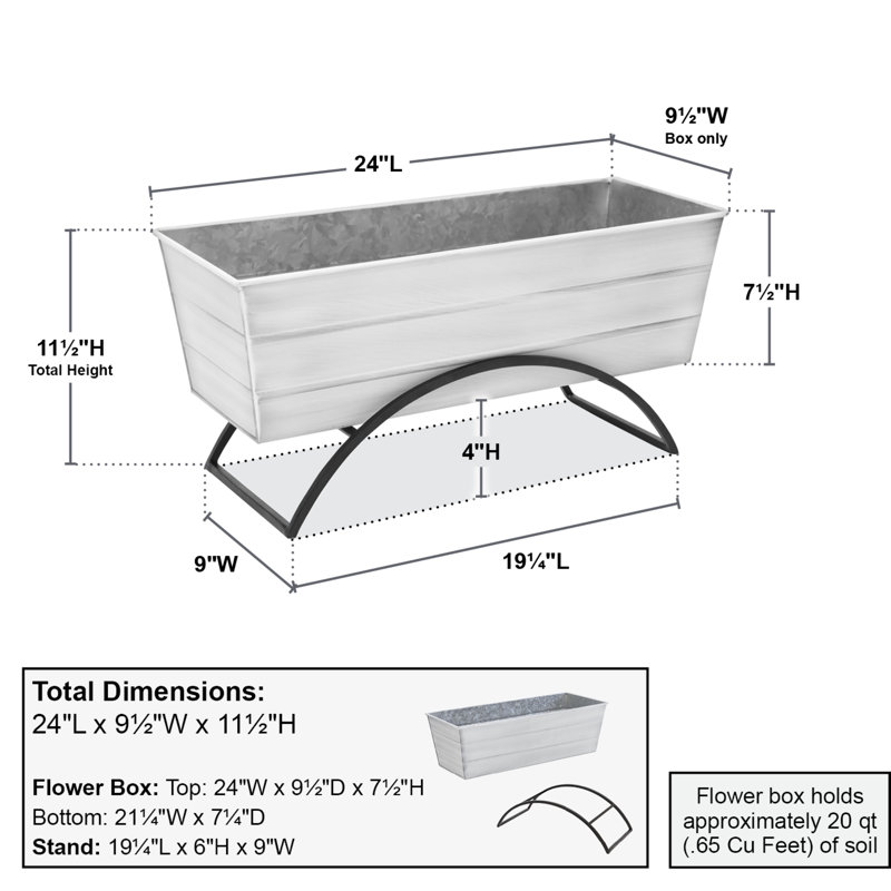 Medium White Galvanized Steel Flower Box with Stand