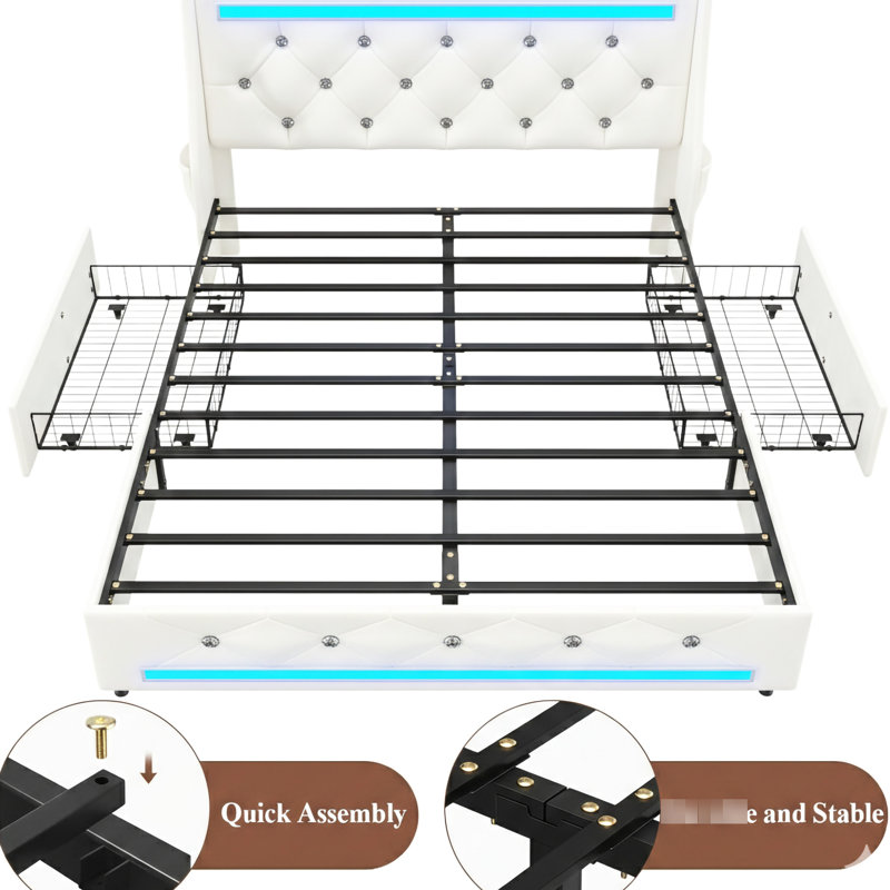 Structure de lit double avec tête de lit à oreilles et à losanges, rangement sous le comptoir, éclairage à DEL, ports de charge, lattes en métal, dossier à oreilles de 12 po de large sans sommier de luxe, lumières intelligentes, station, nécessaire, blanc
