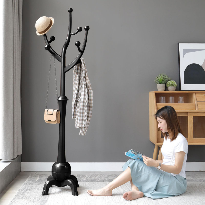 Black Rubber Wood Freestanding Coat Rack with 8 Hooks