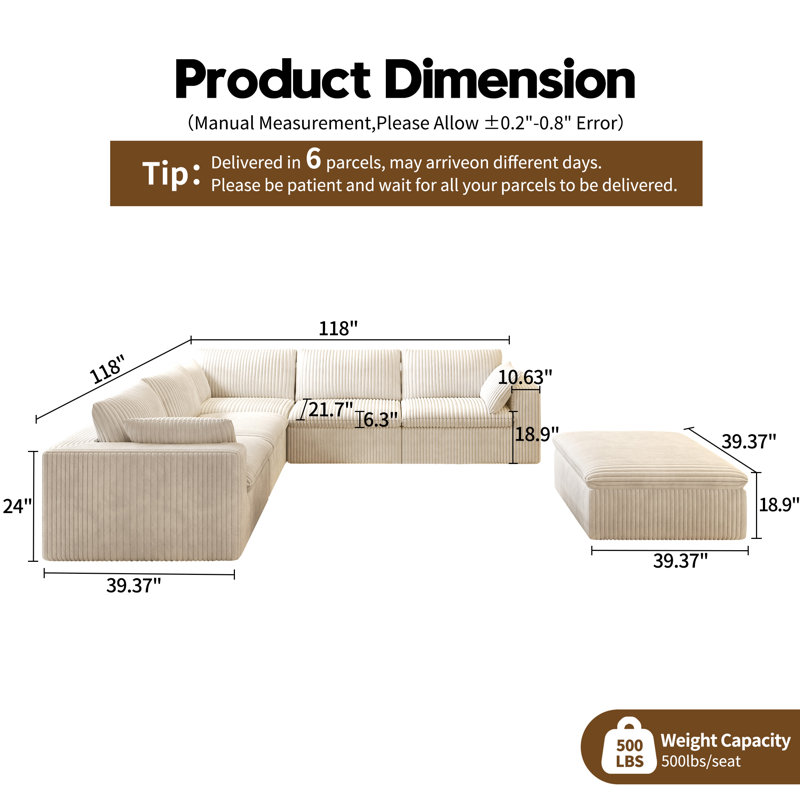 6 Seater Modular Corner Sectional 6-Piece Plush Corduroy Sofa,118"W Cloud Couch with Ottoman,No Assembly Required Boneless Couch
