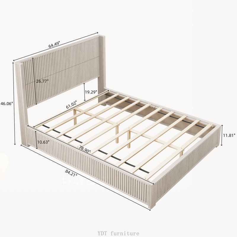 Structure de lit plateforme en bois massif avec tête de lit grand format, sans sommier tapissier, beige, Beige, Grand lit