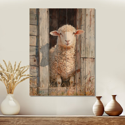 Sheep Portrait At The Barn - Sheep Wood Print - On Natural Pine Wood