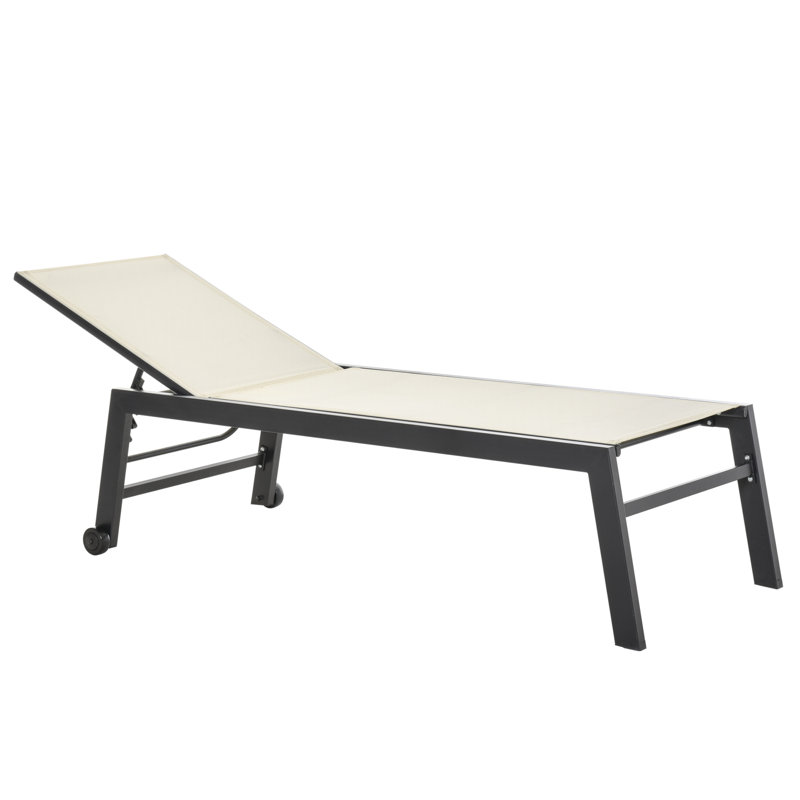 Hiarni Outdoor Chaise Lounge with Wheels, Five Position Recliner, Steel Frame, Cream White