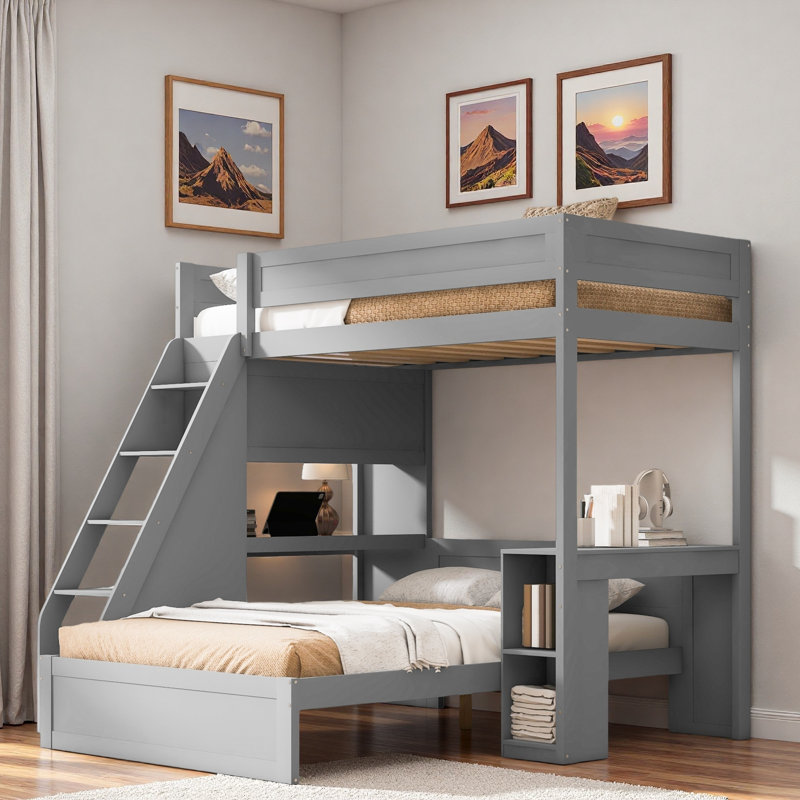 Lit superposé avec bureau et USB, Gris
