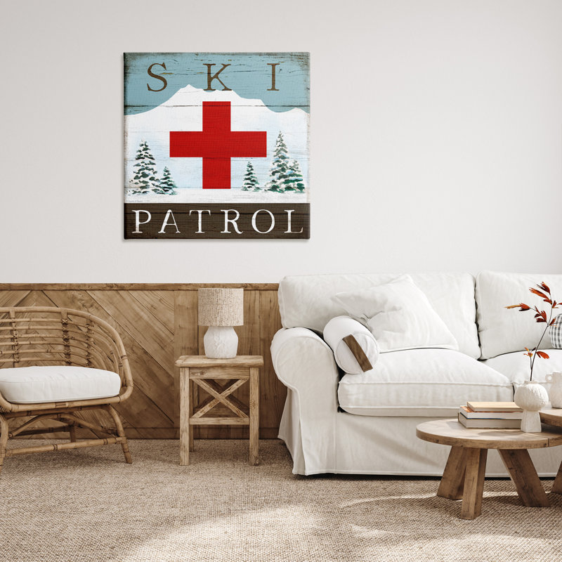 Signe de chalet de patrouille de ski rustique, montagne enneigée, montagne, encadré noir, art texturé par Elizabeth Tyndall