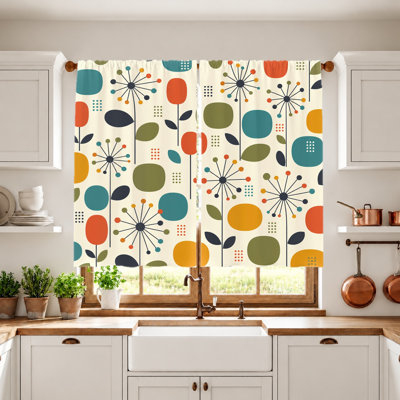 2Pcs Mid Century Modern Floral Curtains, Retro Abstract Circles and Dandelions Print, Light Filtering Fabric for Bedroom Living Room Balcony Kitchen Home Decor