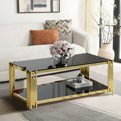  Raymere 43.3" L x 23.6" W 2-Tier Rectangle Black Tempered Glass Top Coffee Table, Deluxe Gold Stainless Legs Sofa Table