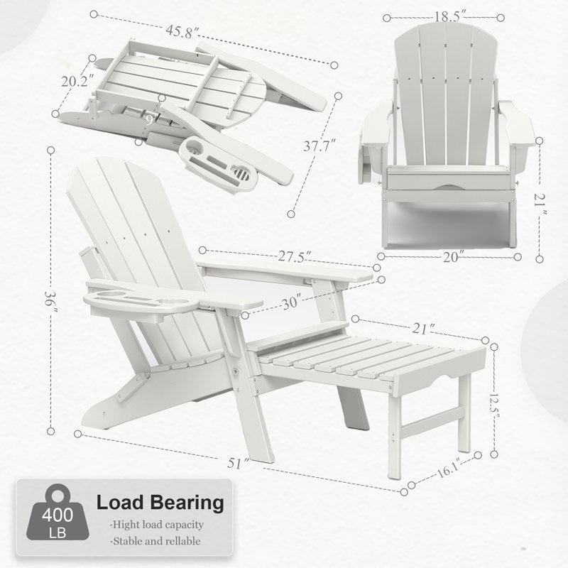 HDPE Folding And Adjustable Adirondack Chair With Ottoman, White