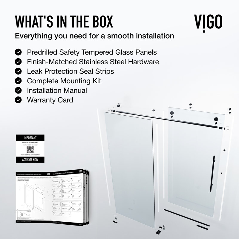 Elan E-Class 56-60" W x 76" H Sliding Frameless Shower Door with 3/8" Clear Glass, Matte Black