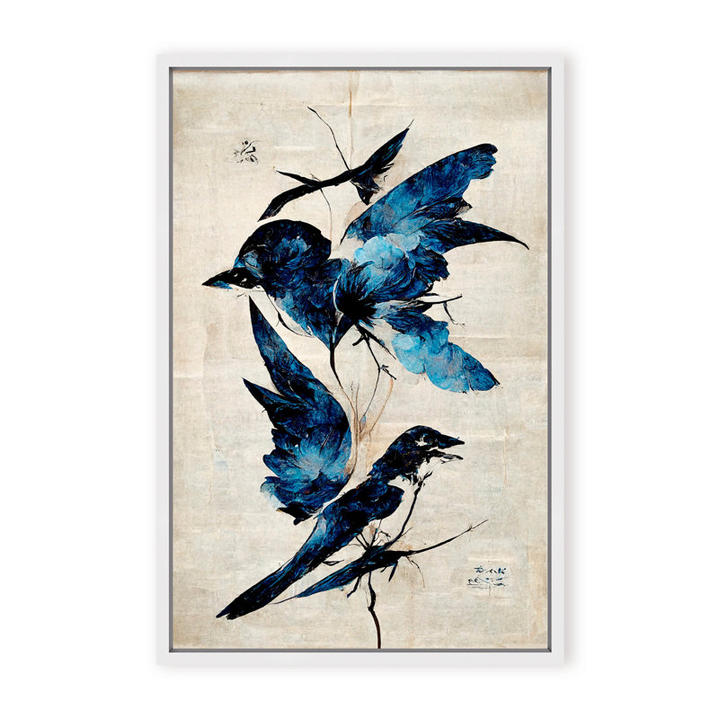 Nature Inspired Blue Birds, 30" H x 24" W x 1.125" D, Framed Matted Print, White