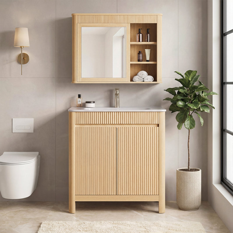 Meuble-lavabo Almanza de 30 po (76 cm) sur pied, avec lavabo en céramique en forme d'arc, pieds en bois massif, portes à fermeture amortie et rangement intérieur ajustable, montage facile, chêne naturel