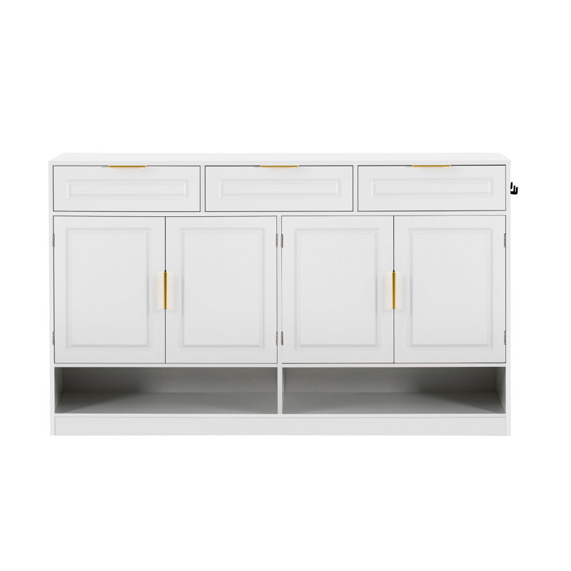 Farmhouse Sideboard With 3 Drawers & 4 Doors,59.1" Multi-Functional Storage Buffet With Adjustable Shelf And Open Storage Compartments, Suitable For Dining Room, Living Room, Entryway.