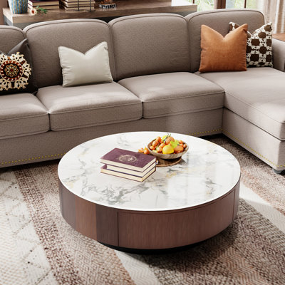 35.4" Faux Marble White and Brown Round Coffee Table