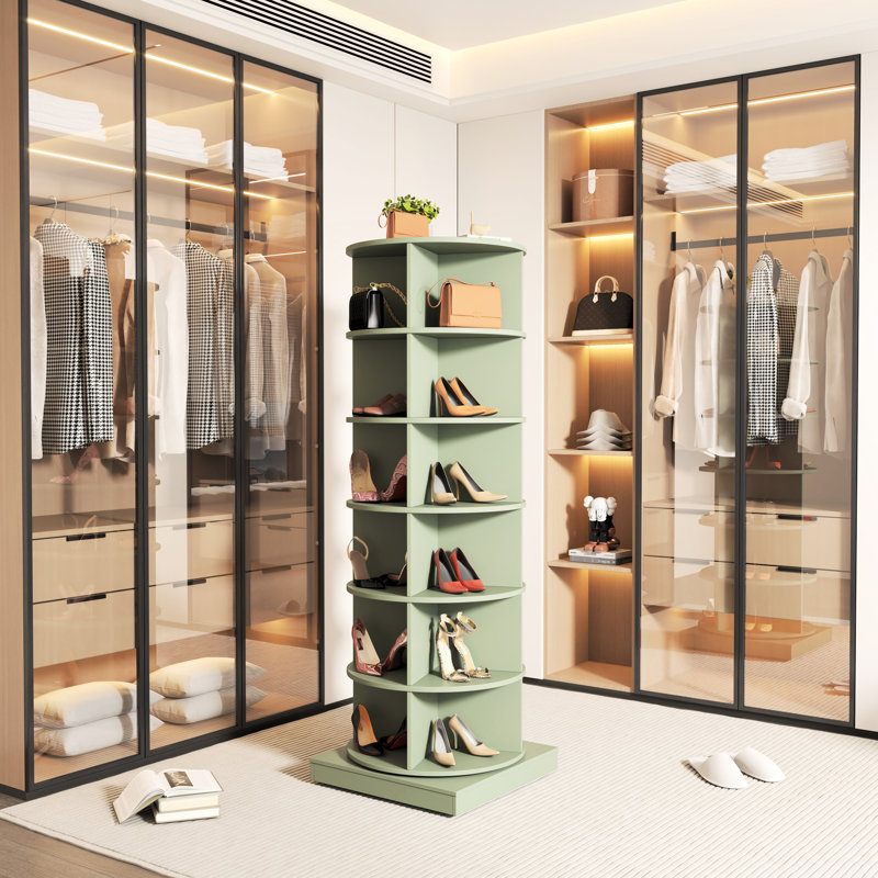 Boîte à chaussures rotative 360 °, 6 couches, pouvant contenir 24 paires, peu encombrante, facile à construire, support de style américain, compatible avec l'économiseur, la fabrication, la décoration