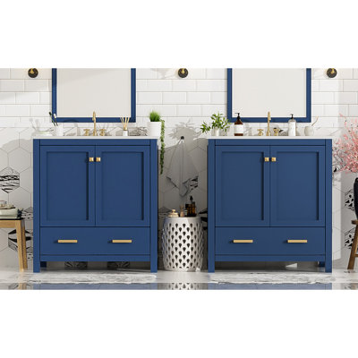 Ensemble de meuble-lavabo bleu 60 po avec lavabos doubles (séparés), lavabos doubles en céramique, tablette de rangement et tiroirs séparés (miroir non inclus) - Solution de salle de bain moderne pour salles de bain spacieuses
