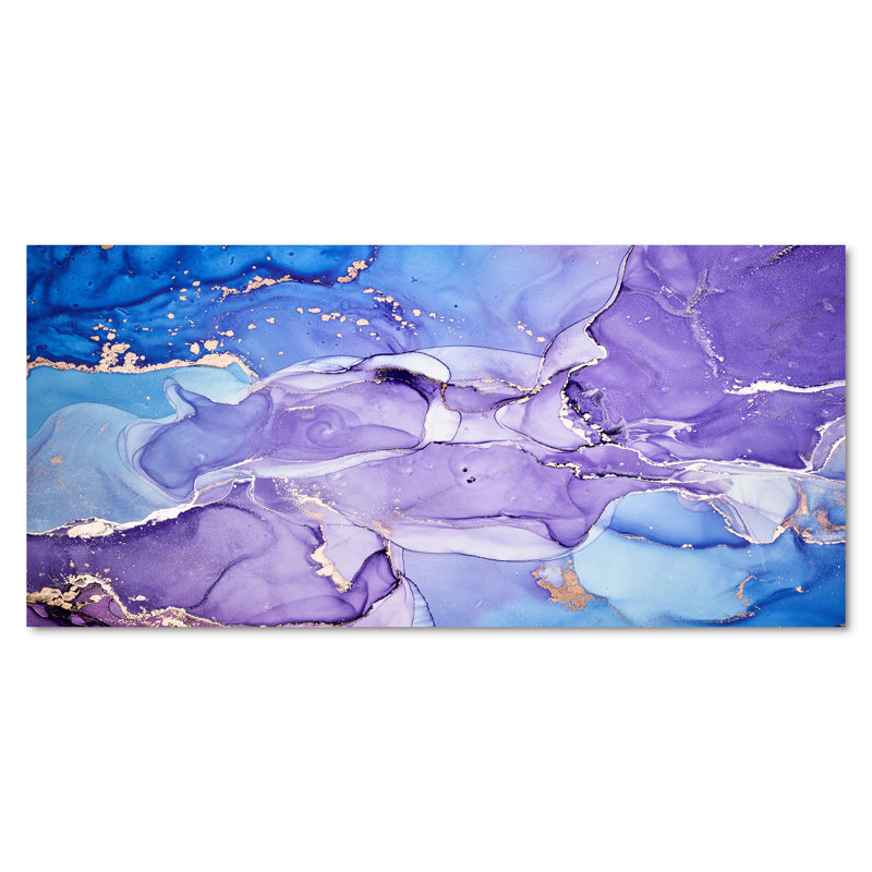 Bleu et mauve abstrait marbre I - peinture sur toile, H 28 po x l 60 po, Toile tendue