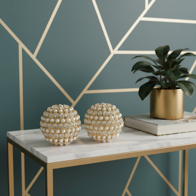 Ensemble de deux orbes décoratifs en faux cristal et perle en métal doré et ivoire de 5 po