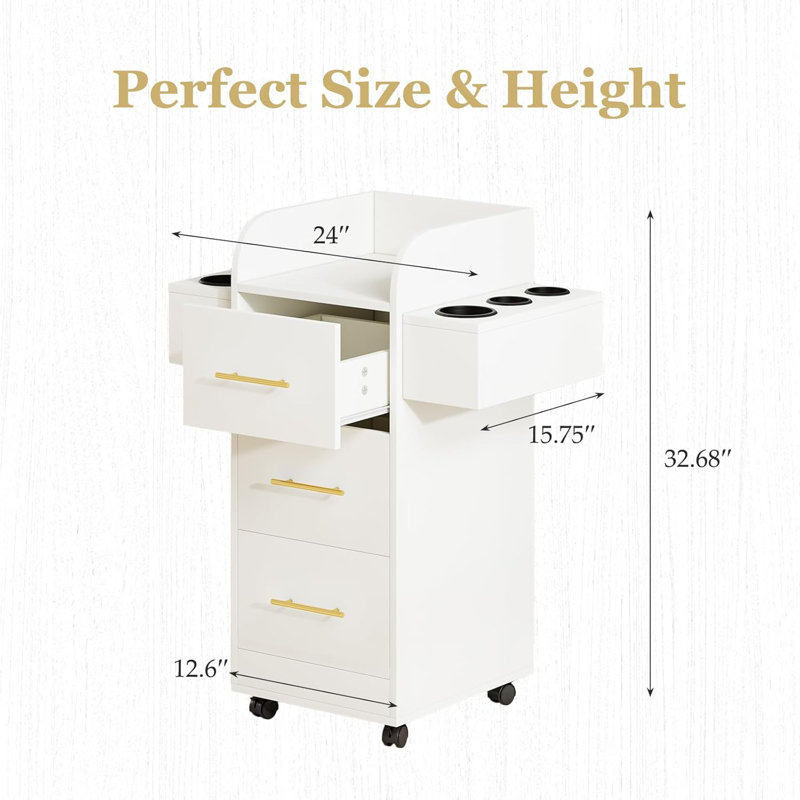 Thame Beauty Salon Station with 3 Drawers, Rolling Station for Hair Stylist, Hair Salon Station Storage Cabinet on Wheels, Wood Stylist Storage Cabinet with 6 Hair Dryer Holders