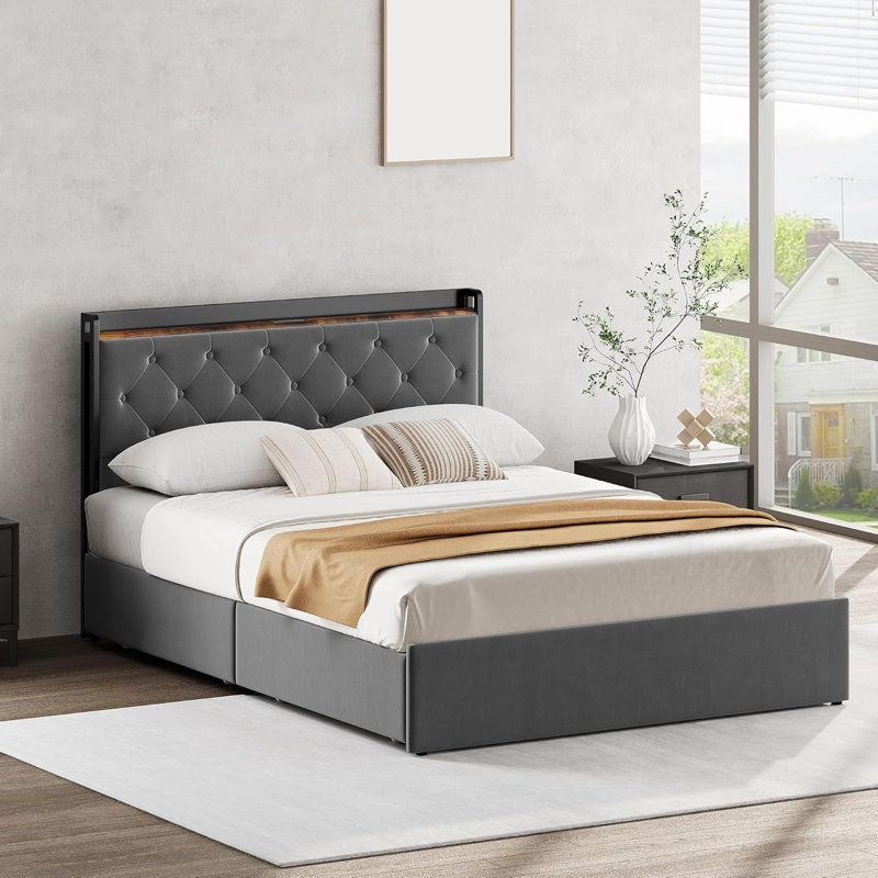 Structure de lit double en velours avec tête de lit USB, 4 tiroirs, lattes en bois, sans bruit, Lit double