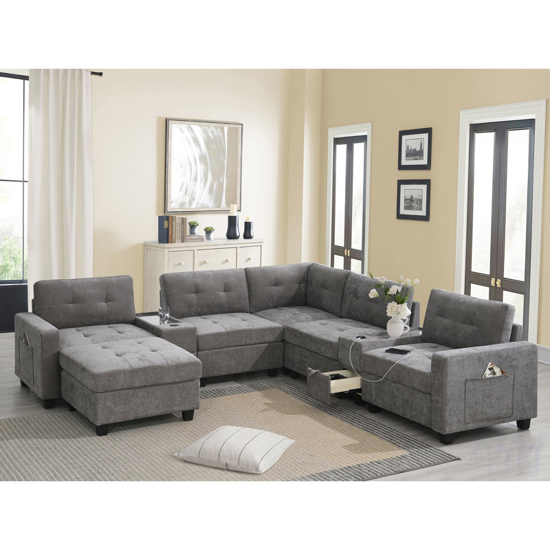 104" Chenille Tufted Upholstered Sectional with a Movable Ottoman and 2 Multifunctional Consoles, Dark Gray