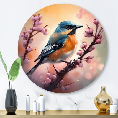 «Blue Bird On A Tree II», art mural rond en métal à motif floral