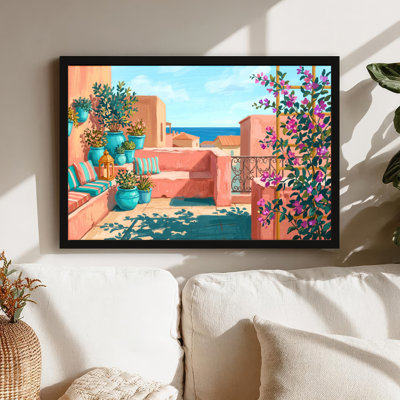 Art mural sur toile noir encadré pour le salon, la chambre à coucher, le bureau ou le vestibule - décoration murale décorative avec terrasse méditerranéenne