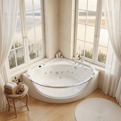 Baignoire tourbillon d'angle 59 "pour 2 personnes avec 16 jets réglables en acrylique blanc