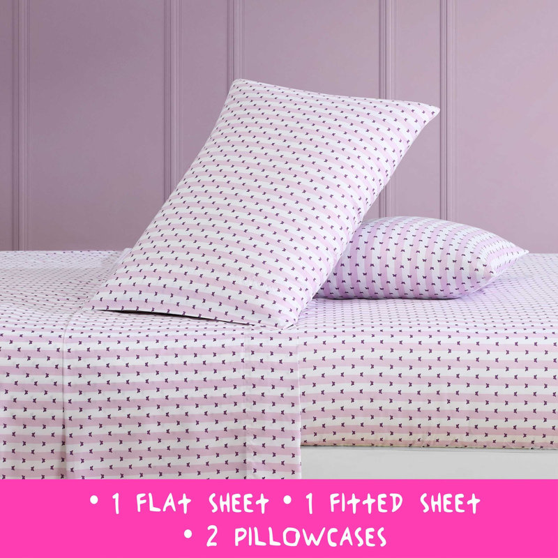 Betsey Johnson Printed Novelty Sheet Sets, Queen Sheet Set with 2 Standard Pillowcases, Butterfly Stripe Purple