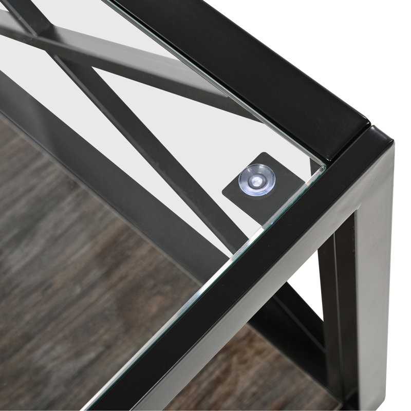 Table basse industrielle rustique et moderne, plateau en verre trempé, structure en X pour plus de stabilité, profondeur de 40,16 pouces avec surface lisse anti-rayures.