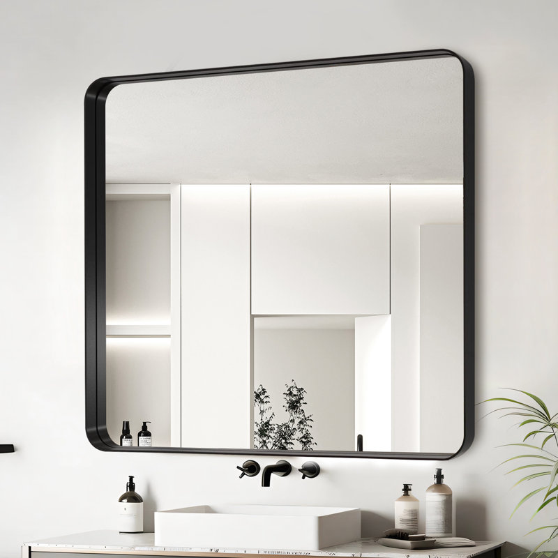 Miroir de salle de bain 36 po x 36 po dans un cadre en aluminium noir - Réflexion haute définition, non, cadre en métal, rouille, preuve, support à barre en Z, verre flottant à fixation murale à l'épreuve des chutes, lignes transparentes, simple