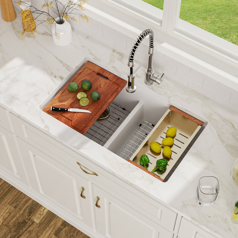 33” Under-mount Dual Basin 50/50 Quartz Kitchen Sink In White Deep Double Bowl Granite Composite Workstation Kitchen Sink with Accessories