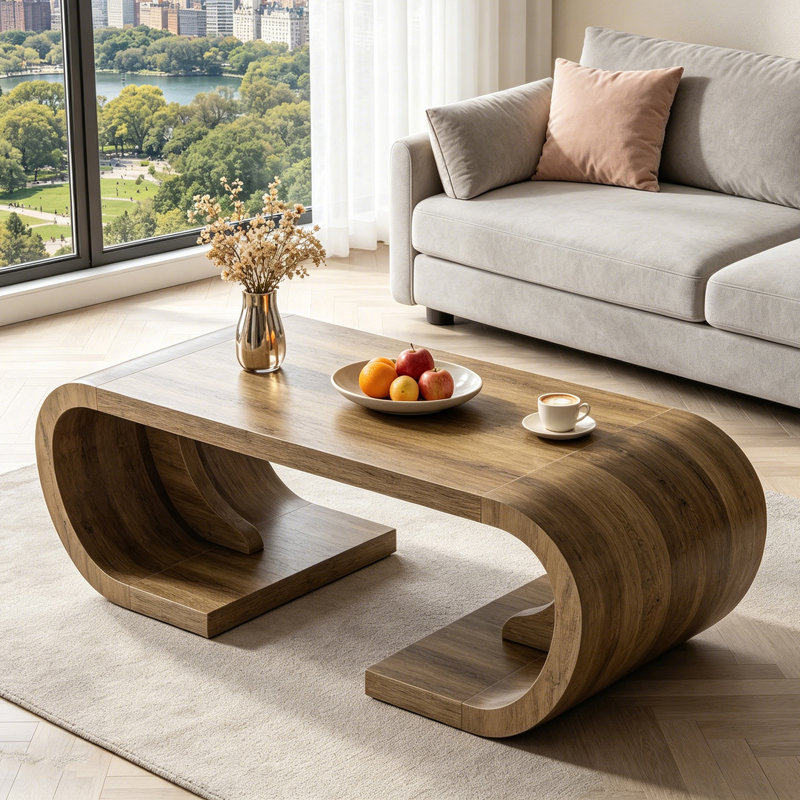 Table basse en forme de C, table basse de style campagnard avec base courbée